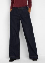 Jeansy o kroju wide leg, high waist z wygodnym pasem. Niebieskie jeansy bonprix, bez wzorów, z podwyższonym stanem. Za 149.99 zł.