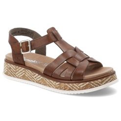 Sandały damskie Rieker, ze skóry naturalnej na platformie i zapinane sprzączką, brązowe, W0853-24. Brązowe sandały Rieker, bez wzorów, ze skóry, klasyczne, bez obcasa, na koturnie, bez zapięcia. Za 319.00 zł.