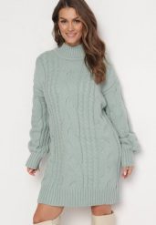 Jasnozielony Luźny Sweter w Warkoczykowy Splot Sentlia. Zielone swetry Born2be, bez wzorów, ze splotem, bez ramiączek. Za 189.99 zł.