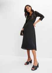 Sukienka szyfonowa z koronką. Czarne sukienki bonprix, bez wzorów, z koronki, eleganckie, bez kołnierzyka, bez ramiączek. Za 139.99 zł.