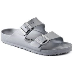 Sandały Damskie EVA Arizona. Szare sandały Birkenstock, bez wzorów, z materiału, z okrągłym noskiem, bez obcasa, na obcasie, bez zapięcia. Za 425.99 zł.