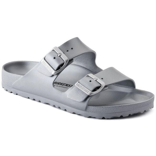 Sandały Damskie EVA Arizona. Szare sandały Birkenstock, bez wzorów, z materiału, z okrągłym noskiem, bez obcasa, na obcasie, bez zapięcia. Za 425.99 zł.