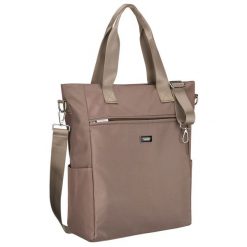 Beżowa shopperka damska na uchwytach i doczepianym pasku, zamykana suwakiem Peterson PTN CTY-17. Brązowe shopper Peterson, bez wzorów, bez dodatków. Za 79.99 zł.