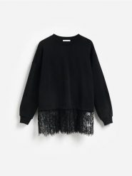 Bawełniana bluza z koronką - czarny. Czarne bluzy Reserved, l, bez wzorów, z bawełny, bez kaptura. Za 139.99 zł.