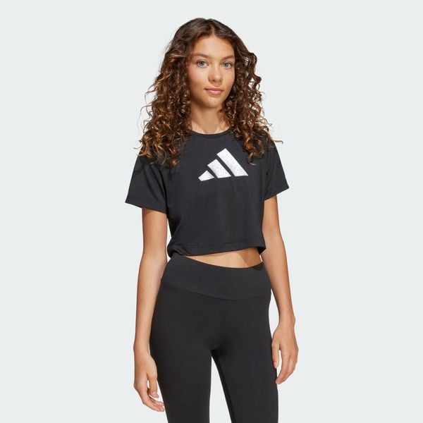 Koszulka Training Essentials Glam Print. Czarne bluzki Adidas, bez wzorów, sportowe, bez kołnierzyka, bez ramiączek. Za 129.00 zł.