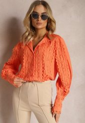 Pomarańczowa Ażurowa Koszula z Elegancką Stójką Manuella. Brązowe koszule Renee, l, z aplikacjami, eleganckie, bez kołnierzyka, bez ramiączek. Za 49.99 zł.