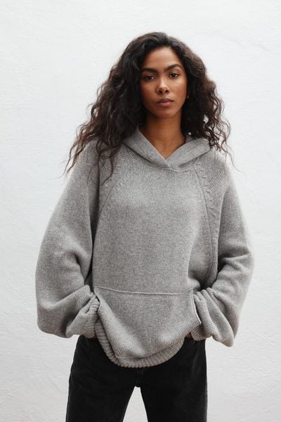 Sweter z kapturem typu oversize w kolorze GREY - LAFFI. Szare swetry Marsala, uniwersalny, bez wzorów, z jeansu, bez ramiączek. Za 589.90 zł.
