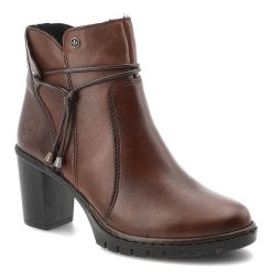 Botki damskie Rieker o eleganckim fasonie z ozdobnym wiązaniem i stabilnym obcasem typu słupek brązowe, Y2567-22 Brown. Brązowe botki Rieker, bez wzorów, z jeansu, bez obcasa, na obcasie, bez zapięcia. Za 429.00 zł.
