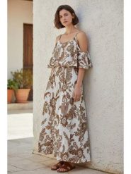 William de Faye Sukienka w kolorze jasnobrązowo-białym rozmiar: 36. Brązowe sukienki William de Faye, bez wzorów, bez kołnierzyka, bez ramiączek, maxi. Za 143.99 zł.