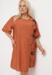 Pomarańczowa Bawełniana Sukienka o Pudełkowym Kroju z Wsuwanymi Kieszeniami Ozdobiona Guzikami Walliana. Brązowe sukienki Born2be, na co dzień, plus size, bez wzorów, z bawełny, eleganckie, bez kołnierzyka, plus size, bez ramiączek, midi. Za 79.99 zł.