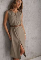 Zielona Pudełkowa Sukienka z Wiskozą Bawełną Guzikami i Paskiem Magmaris. Zielone sukienki Renee, do pracy, na lato, l, bez wzorów, z bawełny, biznesowe, bez kołnierzyka, bez ramiączek, midi. Za 139.99 zł.