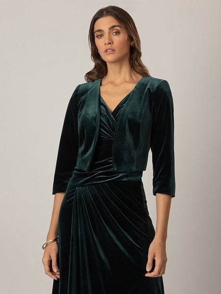 APART Aksamitne bolerko w kolorze ciemnozielonym rozmiar: 40. Zielone swetry Apart, bez wzorów, bez ramiączek. Za 198.10 zł.