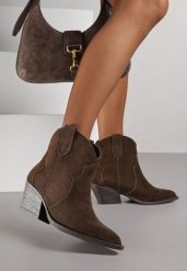 Brązowe Botki Kowbojki na Stożku ze Skóry Naturalnej Liravetta. Brązowe botki Renee, bez wzorów, z jeansu, bez obcasa, na obcasie, bez zapięcia. Za 229.99 zł.