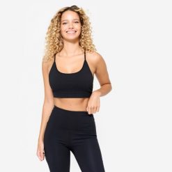 Stanik sportowy Domyos prążkowany. Czarne bielizna sportowa DECATHLON, xs, bez wzorów, z elastanu. Za 69.99 zł.
