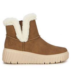 Botki Rieker. Brązowe botki Rieker, bez wzorów, bez obcasa, na płaskiej podeszwie, bez zapięcia. Za 287.99 zł.
