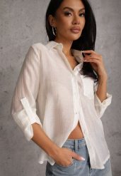 Jasnobeżowa Prześwitująca Koszula z Cyrkoniami Arialle. Brązowe koszule Renee, l, bez wzorów, z jeansu, z asymetrycznym kołnierzem, bez ramiączek. Za 79.99 zł.