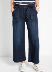 Dżinsy Wide Leg, high waist z wygodnym paskiem, cropped. Niebieskie jeansy bonprix, bez wzorów, z podwyższonym stanem. Za 149.99 zł.