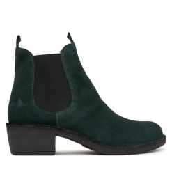 Botki Fly London. Zielone botki Fly London, bez wzorów, bez obcasa, na słupku, bez zapięcia. Za 664.99 zł.
