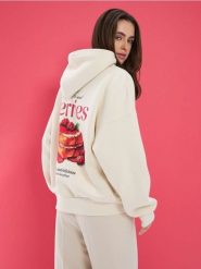 Bluza hoodie z nadrukiem - kremowy. Białe bluzy Sinsay, l, bez wzorów, bez kaptura. Za 49.99 zł.