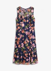 Sukienka midi z kwiatowym haftem. Niebieskie sukienki bonprix, bez wzorów, bez kołnierzyka, bez ramiączek, midi. Za 329.99 zł.