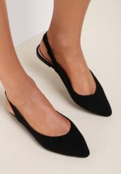 Czarne Sandały z Odkrytą Piętą i Noskiem Typu Migdałek Nemegoria. Czarne sandały Renee, bez wzorów, eleganckie, bez obcasa, na płaskiej podeszwie, bez zapięcia. Za 59.99 zł.