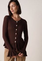 Brązowy Elegancki Kardigan z Wiskozy z Falbankami i Guzikami z Cyrkoniami Orsea. Brązowe kardigany Born2be, z aplikacjami, z jeansu. Za 119.99 zł.