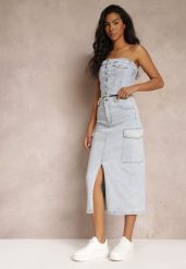 Jasnoniebieska Jeansowa Spódnica Midi o Fasonie Cargo z Rozcięciem Codie. Niebieskie spódnice Renee, na co dzień, m, bez wzorów, z jeansu, eleganckie, midi, proste. Za 139.99 zł.
