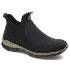 Czarne Botki Rieker Modne Wsuwane Obuwie Damskie. Czarne botki Rieker, bez wzorów, z materiału, bez obcasa, bez zapięcia. Za 271.99 zł.