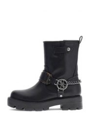 Guess Botki FLFYAZ ELE10 Czarny. Czarne botki Guess, z aplikacjami, ze skóry, bez obcasa, na płaskiej podeszwie, bez zapięcia. Za 674.99 zł.