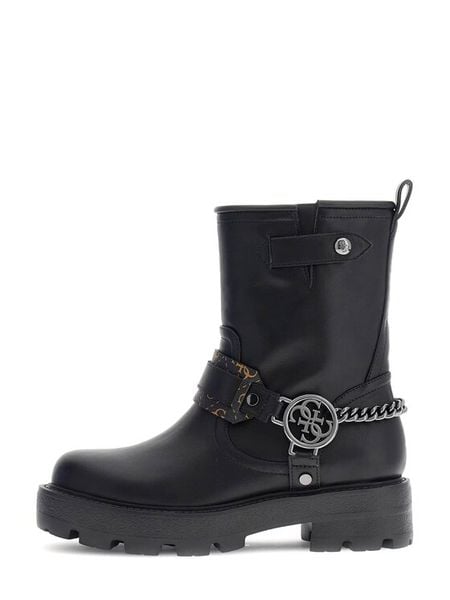 Guess Botki FLFYAZ ELE10 Czarny. Czarne botki Guess, z aplikacjami, ze skóry, bez obcasa, na płaskiej podeszwie, bez zapięcia. Za 674.99 zł.