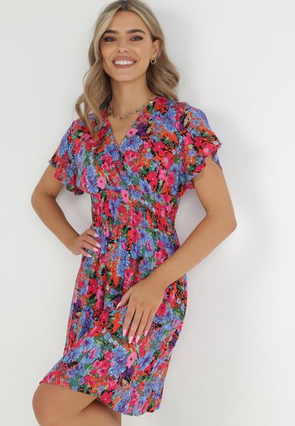 Różowo-Niebieska Sukienka Mini z Szeroką Gumką w Talii i Kopertowym Dekoltem Nevun. Niebieskie sukienki Born2be, na lato, l, z aplikacjami, z wiskozy, bez kołnierzyka, bez ramiączek, mini, kopertowe. Za 69.99 zł.