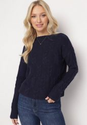 Granatowy Sweter o Warkoczowym Splocie z Okrągłym Dekoltem Selinera. Niebieskie swetry Born2be, bez wzorów, z dzianiny, bez ramiączek. Za 59.99 zł.