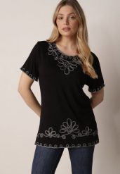Czarna Wiskozowa Bluzka na Krótki Rękaw z Etno Haftem z Metaliczną Nicią Aiopa. Czarne bluzki Born2be, l, bez wzorów, z jeansu, biznesowe, bez kołnierzyka, plus size, bez ramiączek. Za 69.99 zł.