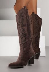Ciemnobrązowe Kozaki Kowbojki na Stożku z Cholewką w Cyrkoniowy Wzór Nalimia. Brązowe kozaki Born2be, z jeansu, bez obcasa, na obcasie, bez zapięcia. Za 169.99 zł.