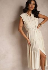 Beżowa Wiskozowa Sukienka Koszulowa z Bawełną i Paskiem Artebia. Brązowe sukienki Renee, na co dzień, l, bez wzorów, z bawełny, eleganckie, bez kołnierzyka, bez ramiączek, midi, koszulowe. Za 144.99 zł.