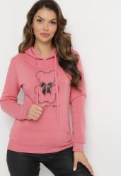 Różowa Klasyczna Bluza z Polarem i Kapturem Wkładana Przez Głowę i Ozdobiona Nadrukiem Lettora. Czerwone bluzy Born2be, l, bez wzorów, z polaru, z kapturem. Za 44.99 zł.
