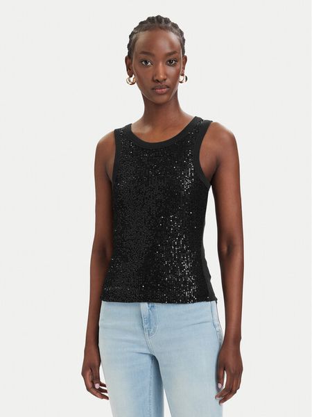 Guess Top W6GP26 K3157 Czarny Slim Fit. Czarne topy Guess, xl, z aplikacjami, z bawełny, bez kołnierzyka, bez ramiączek. Za 154.99 zł.
