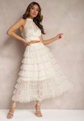 Beżowa Rozkloszowana Spódnica Maxi z Falbankami i Cekinami Noobi. Brązowe spódnice Renee, m, bez wzorów, z materiału, eleganckie, maxi, rozkloszowane. Za 89.99 zł.