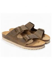 Sunbay Skórzane klapki "Trefle" w kolorze khaki rozmiar: 40. Brązowe klapki Sunbay, bez wzorów, z otwartym noskiem, bez obcasa. Za 189.29 zł.