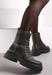 Zielone Botki Workery na Grubej Podeszwie Fashia. Zielone botki Renee, bez wzorów, z jeansu, bez obcasa, na płaskiej podeszwie, bez zapięcia. Za 89.99 zł.