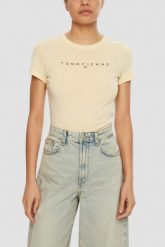 TOMMY JEANS Żółty t-shirt damski, Rozmiar XS. Żółte t-shirty Tommy Jeans, s, bez wzorów, z jeansu, bez kołnierzyka, bez ramiączek. W wyprzedaży za 119.99 zł.