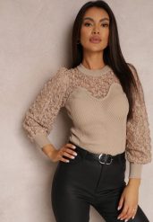 Beżowy Sweter z Prążkowanej Dzianiny z Koronką Ule. Brązowe swetry Renee, s, bez wzorów, z dzianiny, bez ramiączek. Za 119.99 zł.