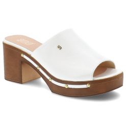 Klapki damskie Simen, ze skóry licowej na klocku z ozdobami eleganckie, białe, 6844A. Białe klapki Simen, bez wzorów, ze skóry, bez obcasa, na obcasie. Za 339.00 zł.