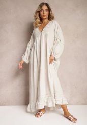 Beżowa Muślinowa Trapezowa Sukienka z Bawełny Wykończona Falbaną i Ozdobnymi Rękawami Tanisea. Brązowe sukienki Renee, na co dzień, na lato, bez wzorów, z bawełny, eleganckie, bez kołnierzyka, bez ramiączek, maxi, proste. Za 159.99 zł.