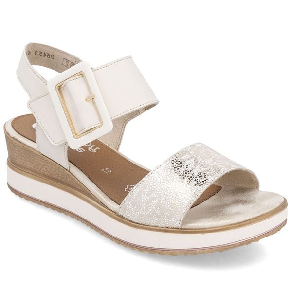 Skórzane komfortowe sandały na koturnie na rzep Rieker Remonte D6453-01. Sandały Rieker, bez wzorów, z materiału, bez obcasa, na koturnie, bez zapięcia. Za 209.99 zł.