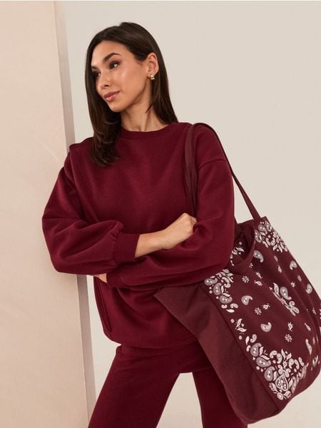 Bluza dresowa crewneck oversize - bordowy. Czerwone bluzy Sinsay, l, bez wzorów, z dresówki, bez kaptura. Za 39.99 zł.