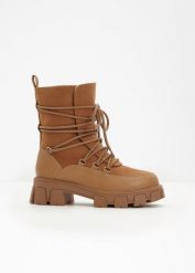 Botki sznurowane, ocieplane. Brązowe botki bonprix, bez wzorów, bez obcasa, bez zapięcia. Za 189.99 zł.