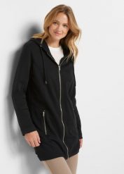 Długa bluza rozpinana z kieszeniami z zamkiem. Czarne bluzy bonprix, bez wzorów, z kapturem. Za 137.99 zł.