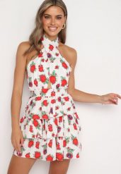 Biała Sukienka Wiązana na Szyi w Kwiatowy Print z Falbankami Virivia. Białe sukienki Born2be, na spotkanie biznesowe, l, bez wzorów, z jeansu, eleganckie, bez kołnierzyka, bez ramiączek, kopertowe. Za 119.99 zł.