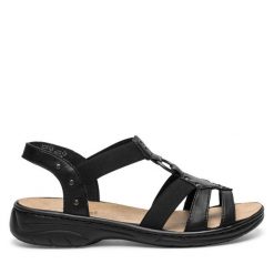 Sandały Rieker. Czarne sandały Rieker, bez wzorów, bez obcasa, na płaskiej podeszwie, bez zapięcia. Za 239.99 zł.